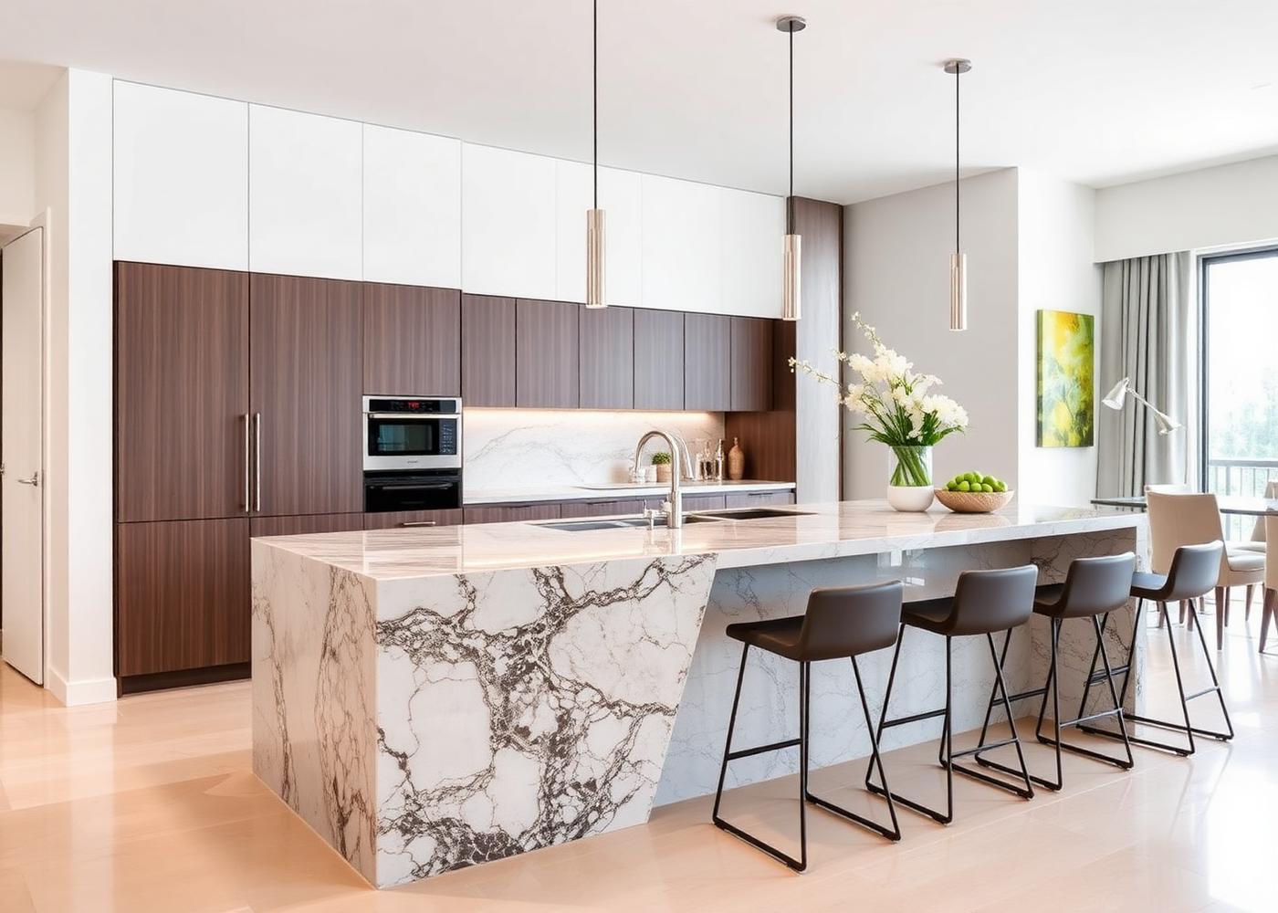 Modern kitchen with waterfall quartzite island
